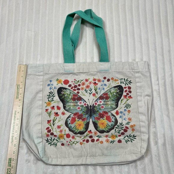 Butterfly Flower Floral Colorful Print Canvas Single Compartment Tote Bag - Picture 3 of 6